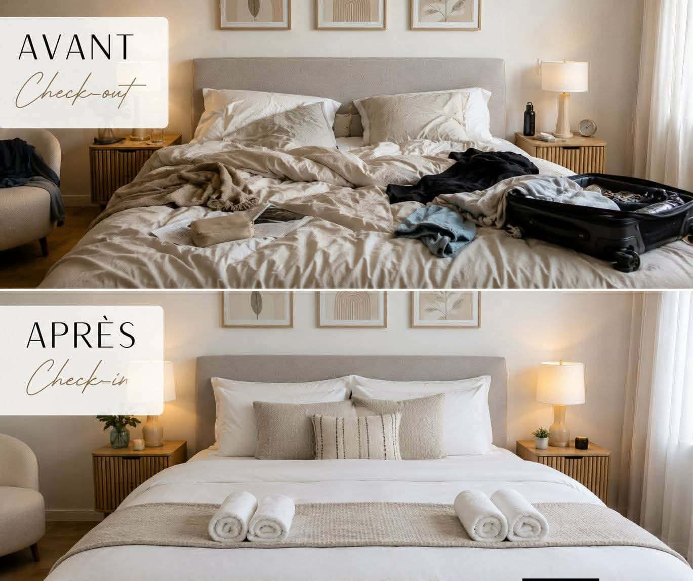 Avant / Après DOM'UNIA Conciergerie : chambre laissée par les voyageurs au check-out puis impeccablement préparée pour le check-in